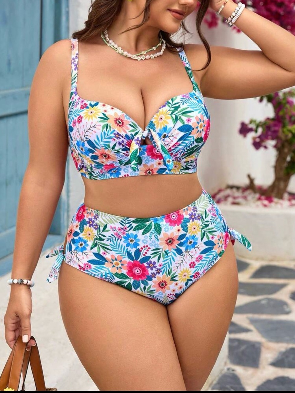 SHEIN White Multi Floral High-Waist Bikini Set